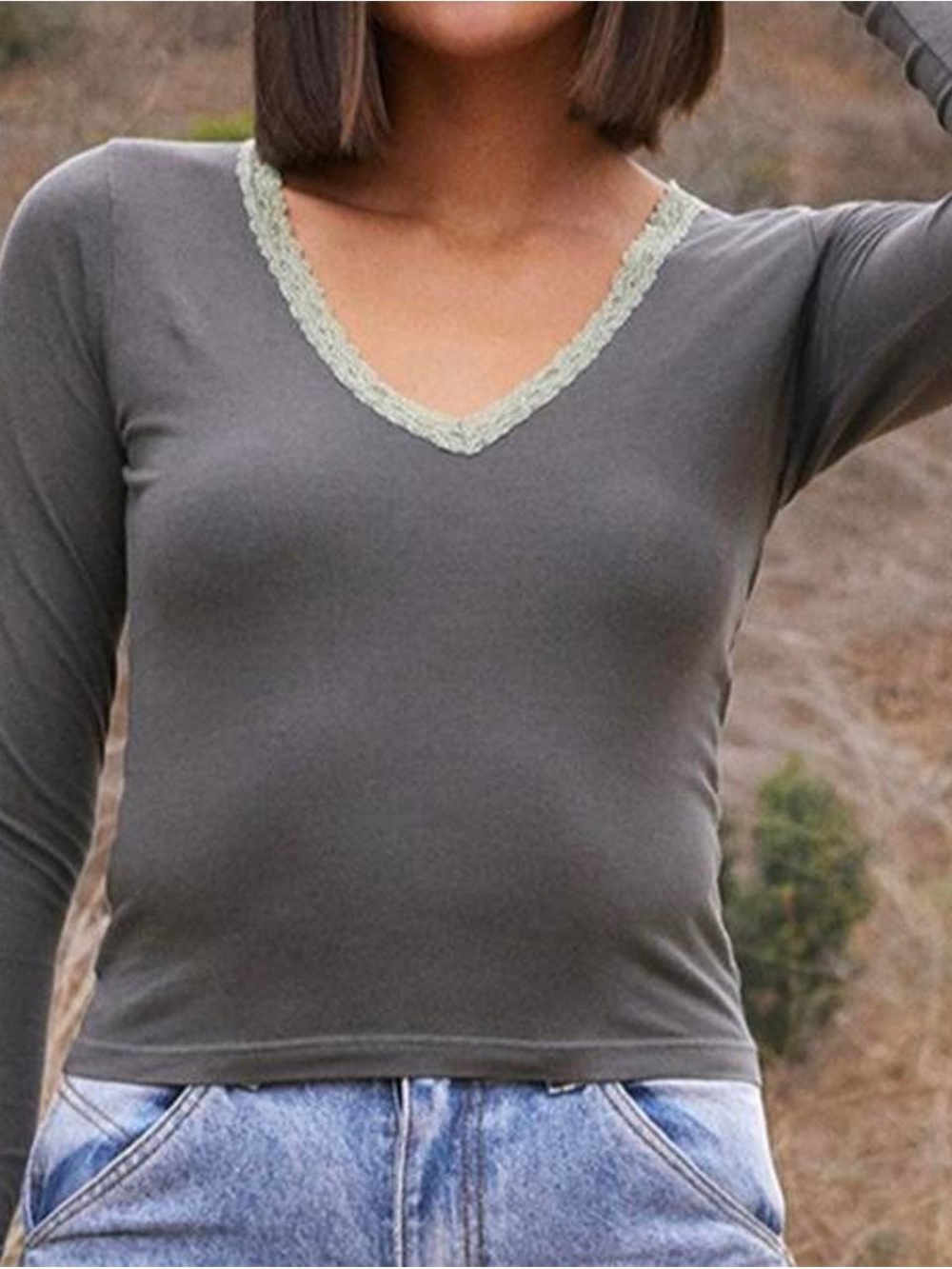 Brandy Melville Olive Green V-Neck Long Sleeve Top with Lace Trim